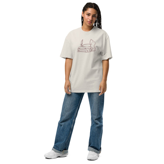 Embroidered outline large central: Unisex oversized faded t-shirt